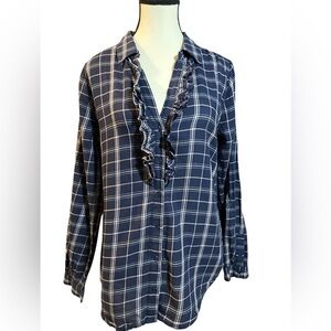 Joie Blue and White Ruffled Long Sleeve Blouse
